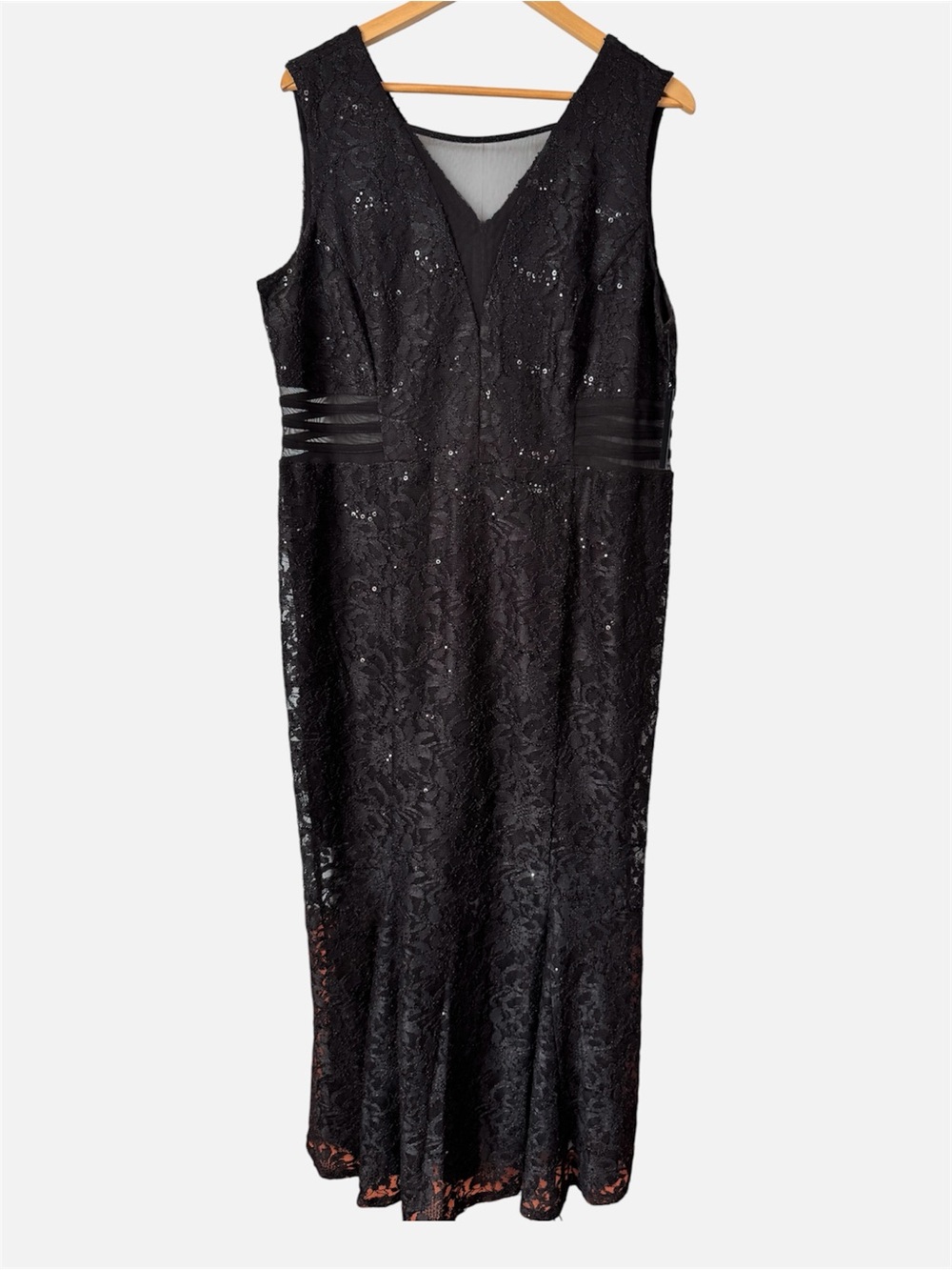 Alexa B Black Sequin Lace Maxi Dress Sleeveless Formal Evening Gown Cutout Mesh
